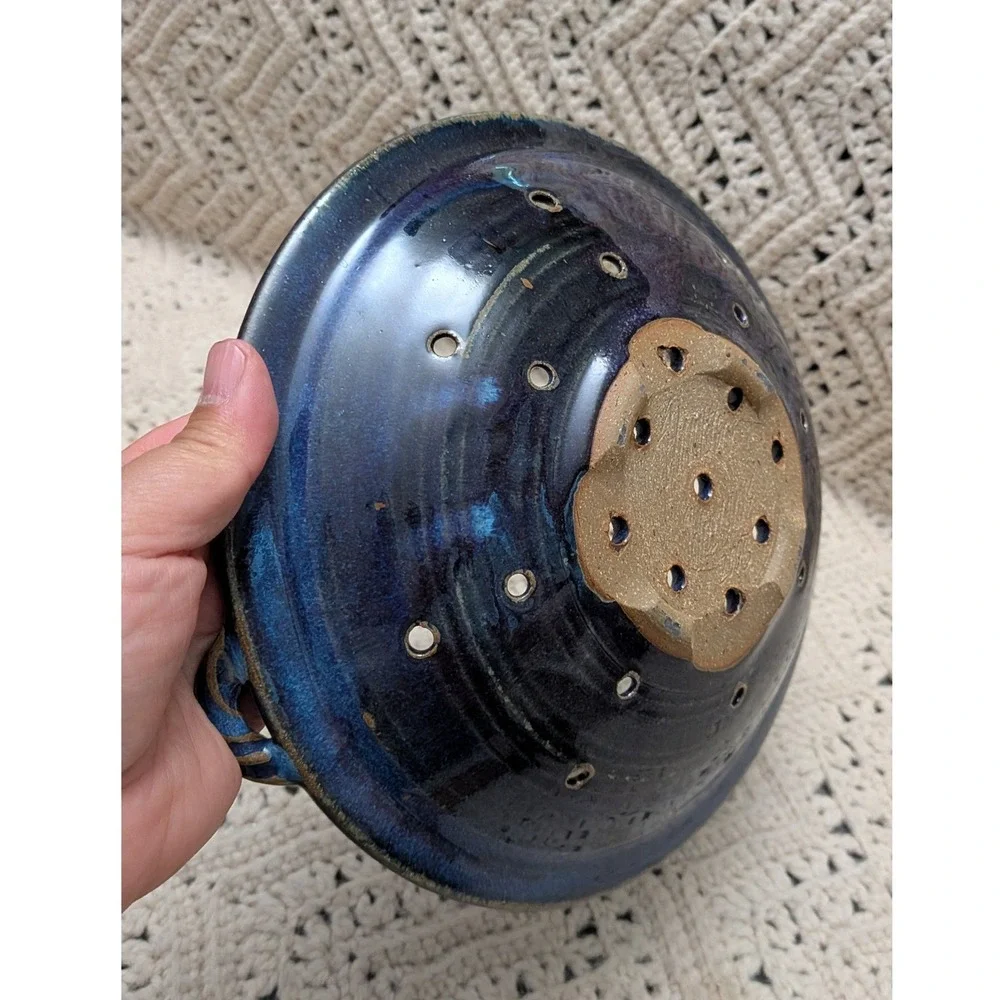 Studio Pottery Berry Bowl Cobalt Blue Glazed Ceramic Colander with Handles 9